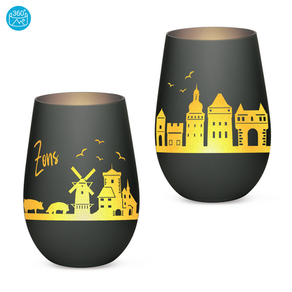 Hochwertiges Glas Windlicht mit Gravur "SKYLINE ZONS (DORMAGEN)" in der Farbe Schwarz/Silber