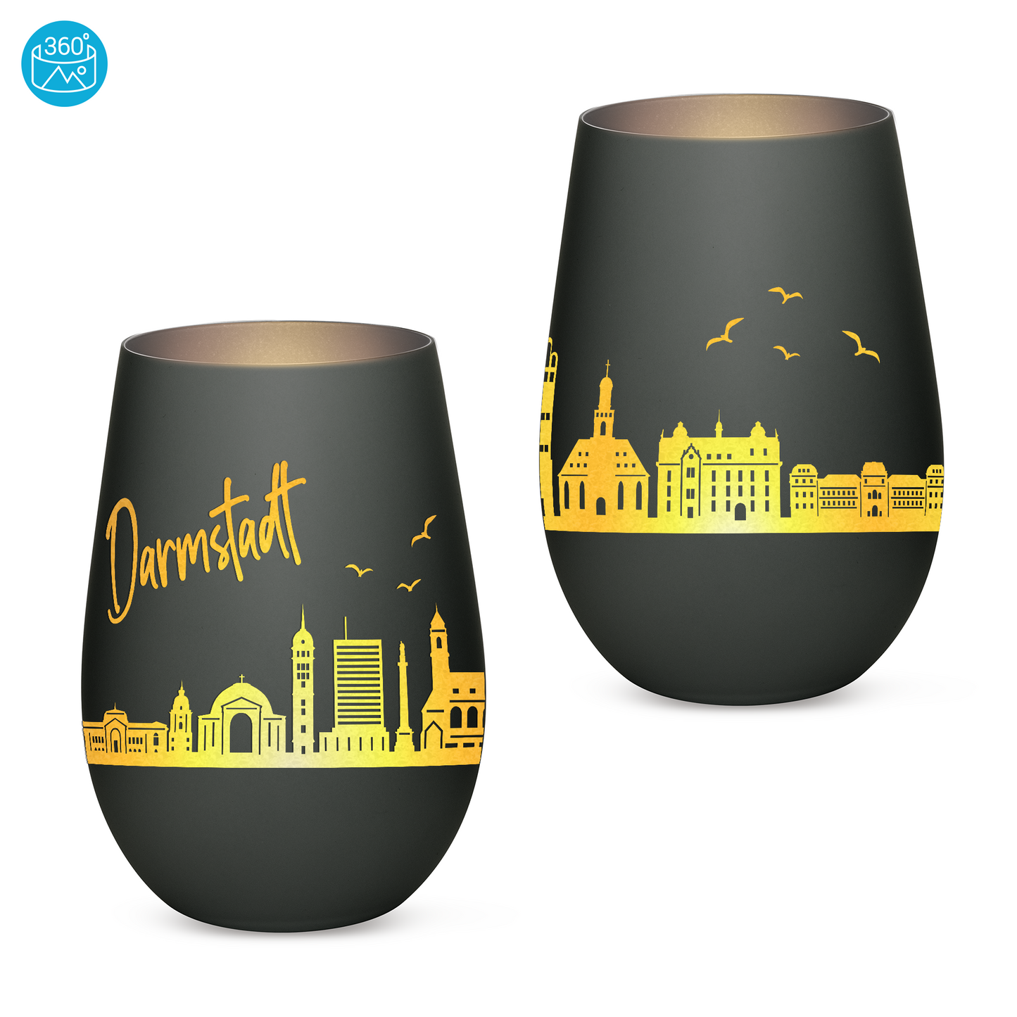 Hochwertiges Glas Windlicht mit Gravur "SKYLINE DARMSTADT" in der Farbe Schwarz/Silber