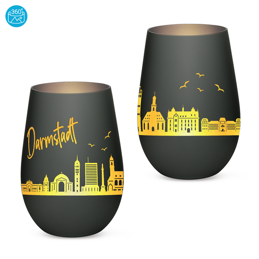 Hochwertiges Glas Windlicht mit Gravur "SKYLINE DARMSTADT" in der Farbe Schwarz/Silber