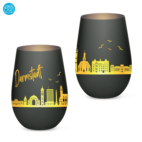 Hochwertiges Glas Windlicht mit Gravur "SKYLINE DARMSTADT" in der Farbe Schwarz/Silber