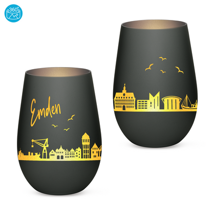 Hochwertiges Glas Windlicht mit Gravur "SKYLINE EMDEN" in der Farbe Schwarz/Silber