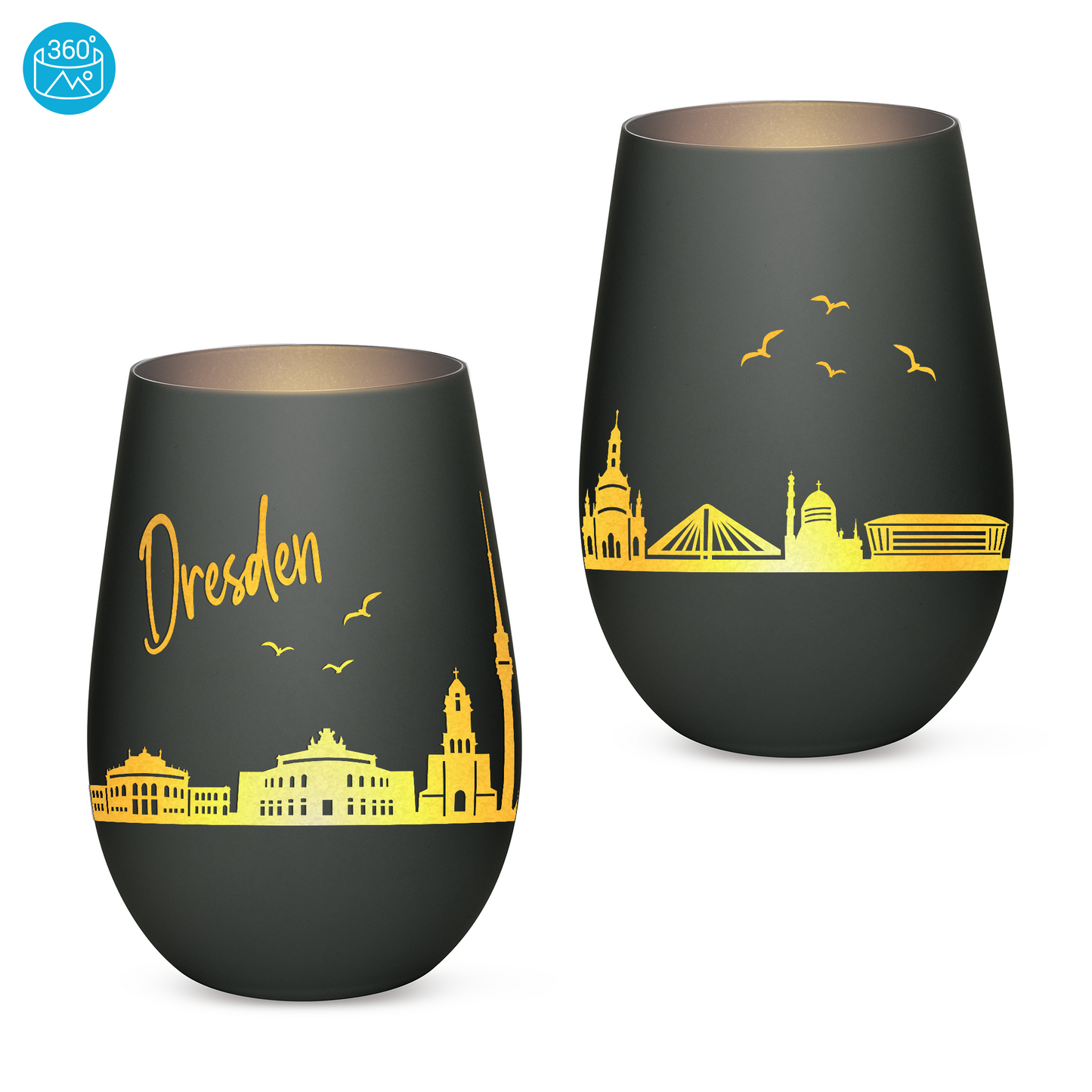 Hochwertiges Glas Windlicht mit Gravur "SKYLINE DRESDEN" in der Farbe Schwarz/Silber