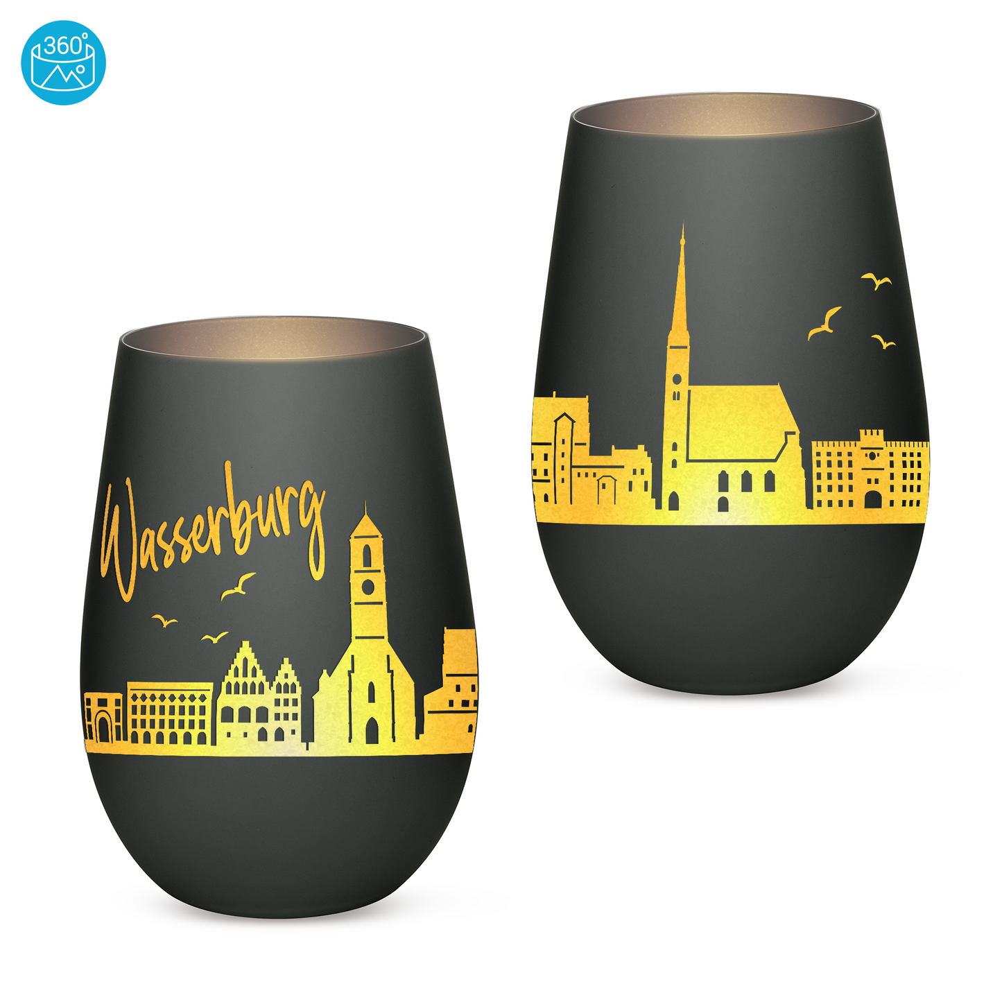 Hochwertiges Glas Windlicht mit Gravur "SKYLINE WASSERBURG" in der Farbe Schwarz/Silber