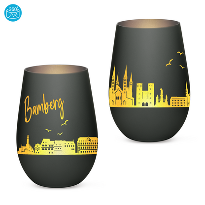 Hochwertiges Glas Windlicht mit Gravur "SKYLINE BAMBERG" in der Farbe Schwarz/Silber