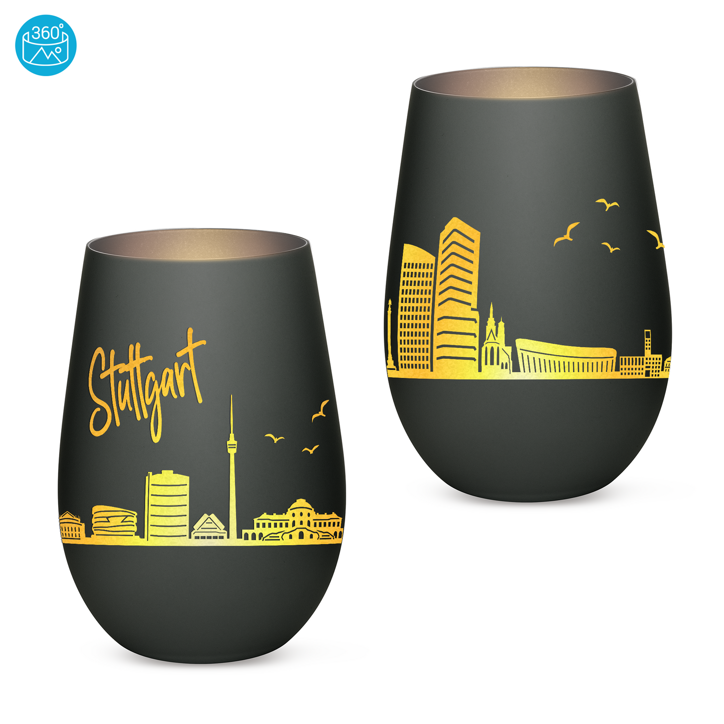 Hochwertiges Glas Windlicht mit Gravur "SKYLINE STUTTGART" in der Farbe Schwarz/Silber