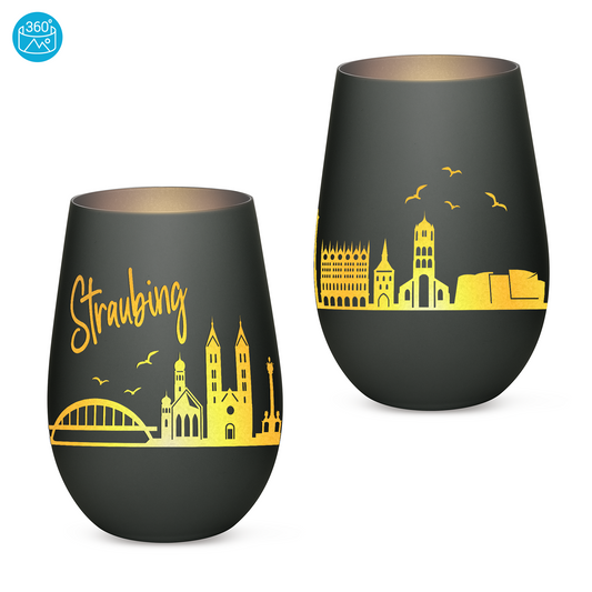 Hochwertiges Glas Windlicht mit Gravur "SKYLINE STRAUBING" in der Farbe Schwarz/Silber
