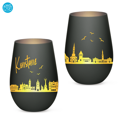 Hochwertiges Glas Windlicht mit Gravur "SKYLINE KONSTANZ" in der Farbe Schwarz/Silber