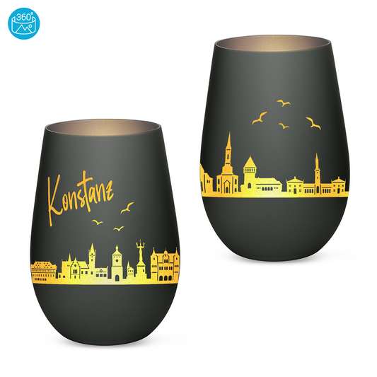 Hochwertiges Glas Windlicht mit Gravur "SKYLINE KONSTANZ" in der Farbe Schwarz/Silber