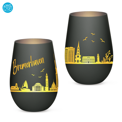 Hochwertiges Glas Windlicht mit Gravur "SKYLINE BREMERHAVEN" in der Farbe Schwarz/Silber
