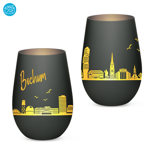 Hochwertiges Glas Windlicht mit Gravur "SKYLINE BOCHUM" in der Farbe Schwarz/Silber