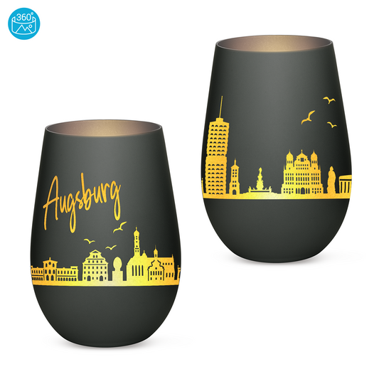 Hochwertiges Glas Windlicht mit Gravur "SKYLINE AUGSBURG" in der Farbe Schwarz/Silber