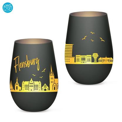 Hochwertiges Glas Windlicht mit Gravur "SKYLINE FLENSBURG" in der Farbe Schwarz/Silber