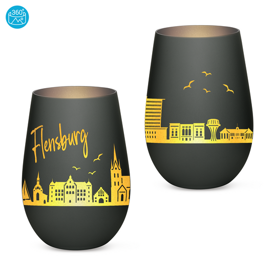 Hochwertiges Glas Windlicht mit Gravur "SKYLINE FLENSBURG" in der Farbe Schwarz/Silber