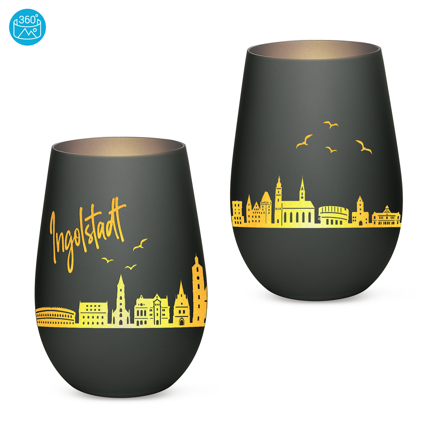 Hochwertiges Glas Windlicht mit Gravur "SKYLINE INGOLSTADT" in der Farbe Schwarz/Silber