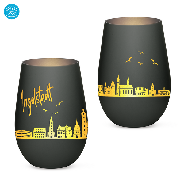 Hochwertiges Glas Windlicht mit Gravur "SKYLINE INGOLSTADT" in der Farbe Schwarz/Silber