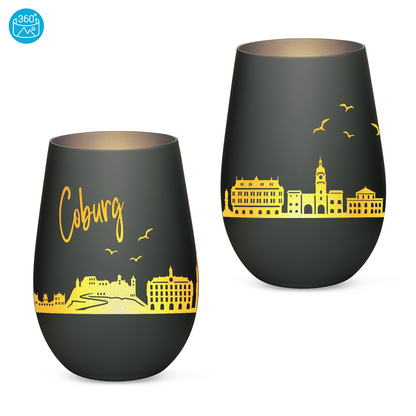 Hochwertiges Glas Windlicht mit Gravur "SKYLINE COBURG" in der Farbe Schwarz/Silber