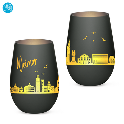 Hochwertiges Glas Windlicht mit Gravur "SKYLINE WEIMAR" in der Farbe Schwarz/Silber