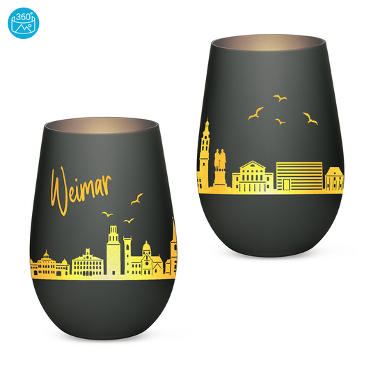 Hochwertiges Glas Windlicht mit Gravur "SKYLINE WEIMAR" in der Farbe Schwarz/Silber
