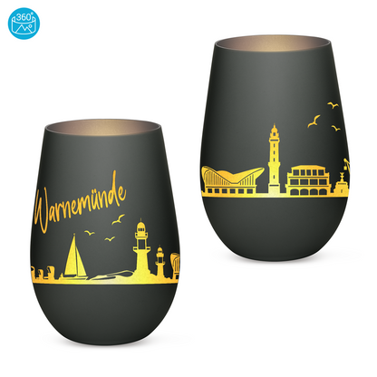 Hochwertiges Glas Windlicht mit Gravur "SKYLINE WARNEMÜNDE" in der Farbe Schwarz/Silber