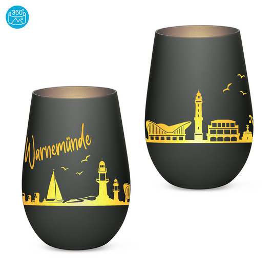 Hochwertiges Glas Windlicht mit Gravur "SKYLINE WARNEMÜNDE" in der Farbe Schwarz/Silber