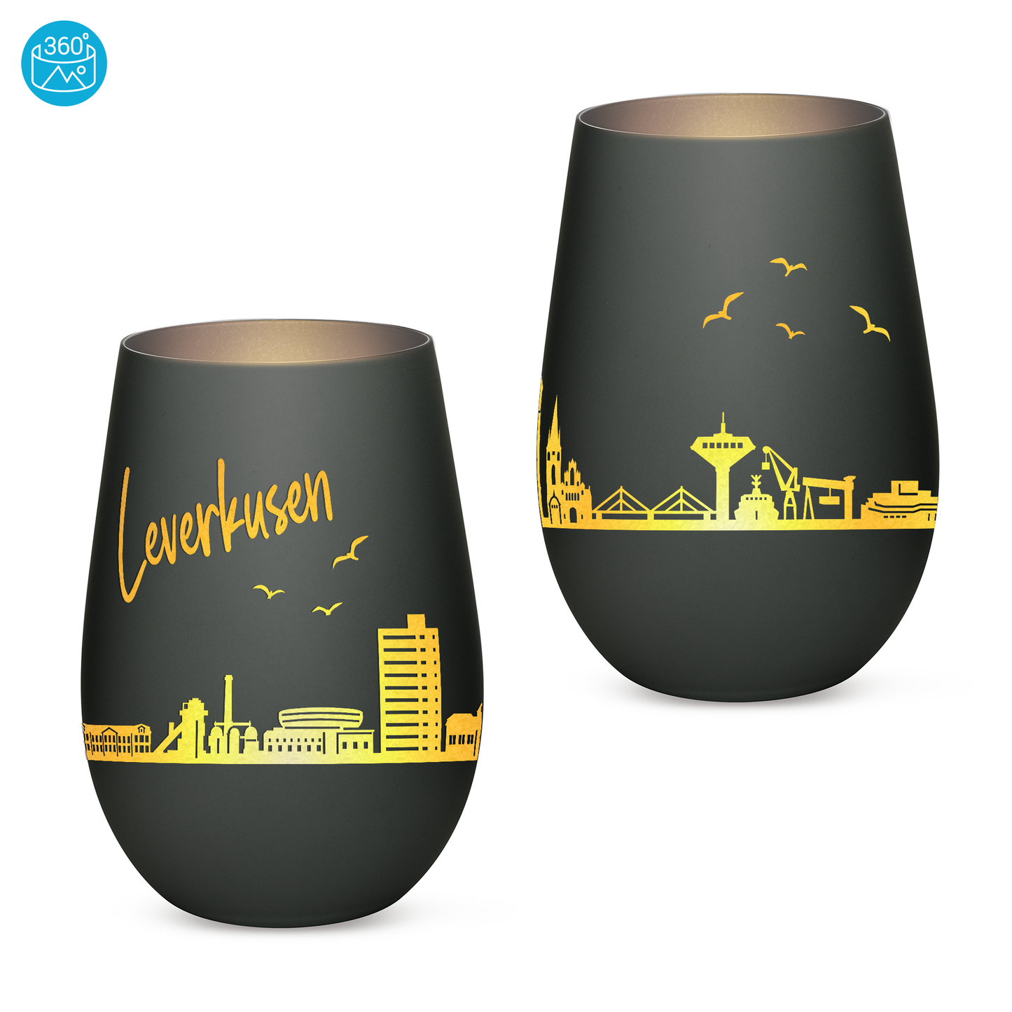 Hochwertiges Glas Windlicht mit Gravur "SKYLINE LEVERKUSEN" in der Farbe Schwarz/Silber