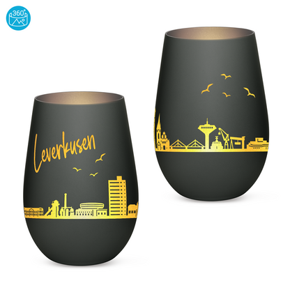Hochwertiges Glas Windlicht mit Gravur "SKYLINE LEVERKUSEN" in der Farbe Schwarz/Silber