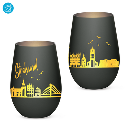 Hochwertiges Glas Windlicht mit Gravur "SKYLINE STRALSUND" in der Farbe Schwarz/Silber
