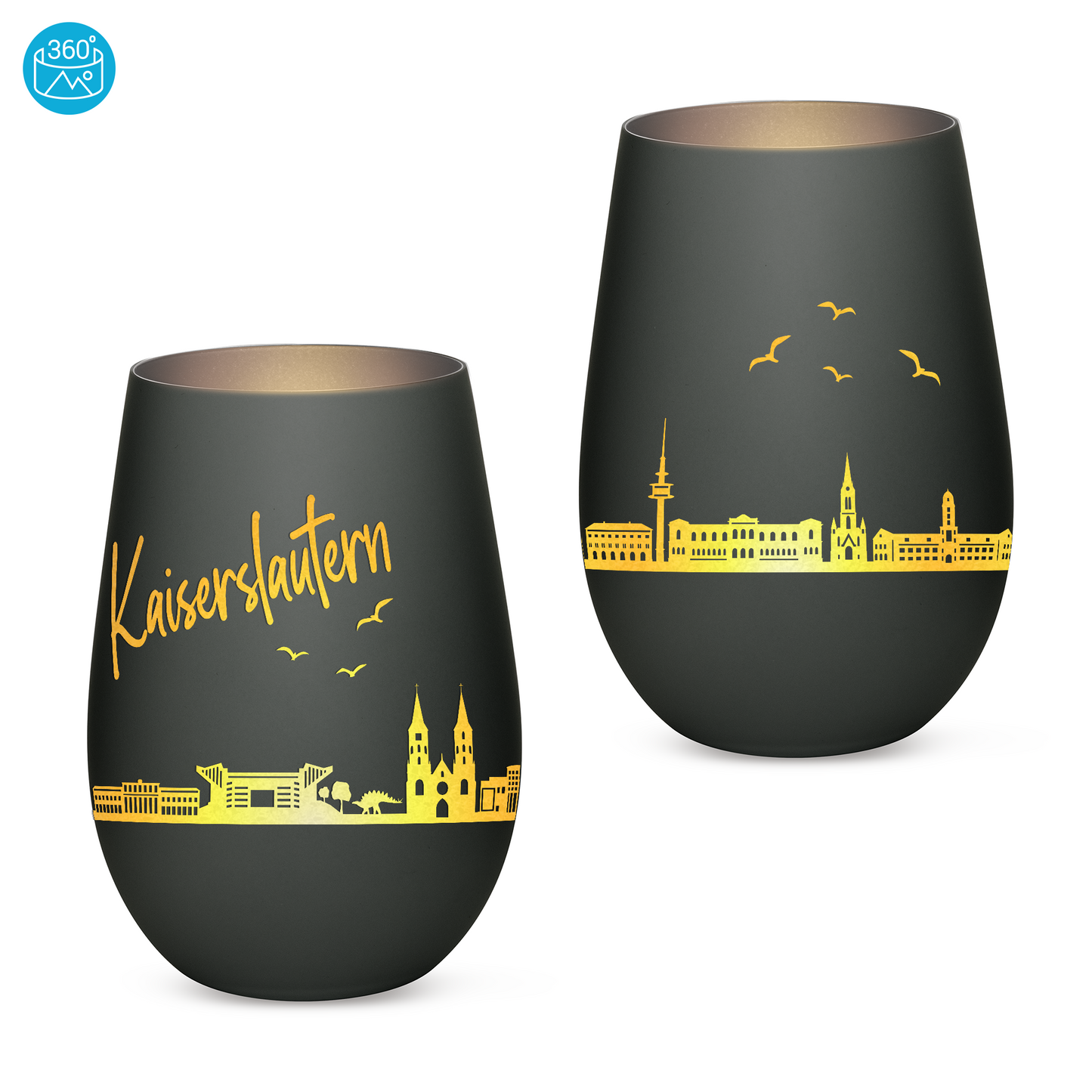 Hochwertiges Glas Windlicht mit Gravur "SKYLINE KAISERSLAUTERN" in der Farbe Schwarz/Silber