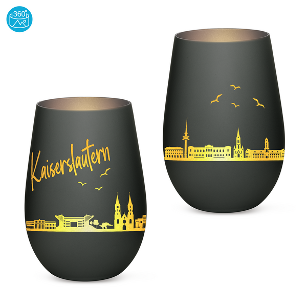 Hochwertiges Glas Windlicht mit Gravur "SKYLINE KAISERSLAUTERN" in der Farbe Schwarz/Silber