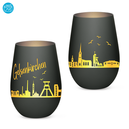 Hochwertiges Glas Windlicht mit Gravur "SKYLINE GELSENKIRCHEN" in der Farbe Schwarz/Silber