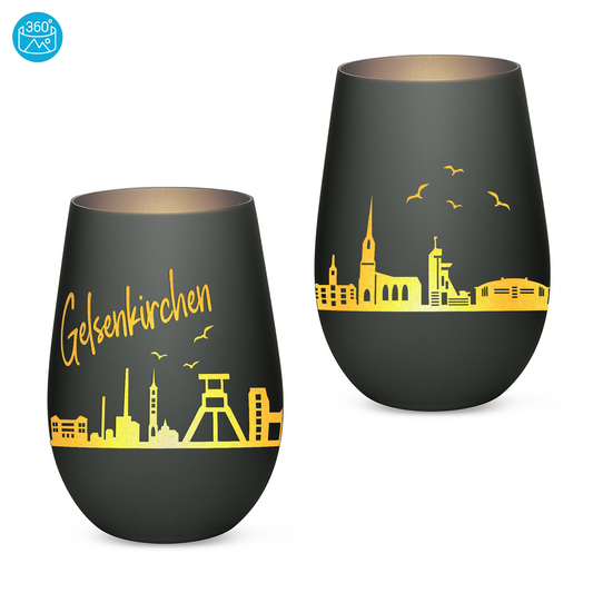 Hochwertiges Glas Windlicht mit Gravur "SKYLINE GELSENKIRCHEN" in der Farbe Schwarz/Silber