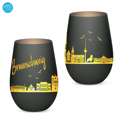 Hochwertiges Glas Windlicht mit Gravur "SKYLINE BRAUNSCHWEIG" in der Farbe Schwarz/Silber