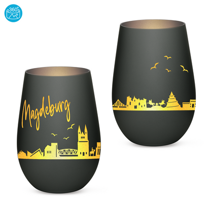 Hochwertiges Glas Windlicht mit Gravur "SKYLINE MAGDEBURG" in der Farbe Schwarz/Silber