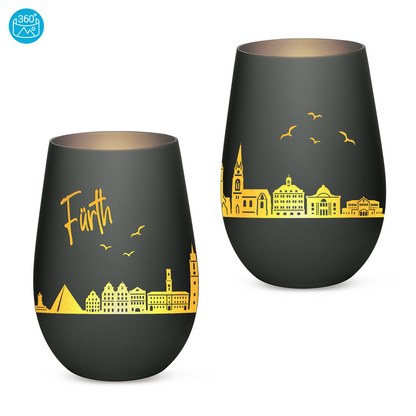 Hochwertiges Glas Windlicht mit Gravur "SKYLINE FÜRTH" in der Farbe Schwarz/Silber