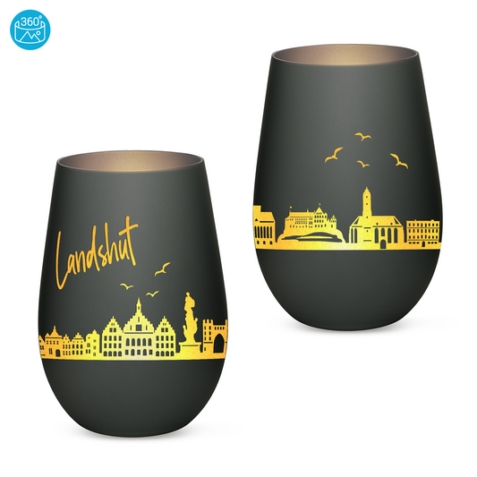 Hochwertiges Glas Windlicht mit Gravur "SKYLINE LANDSHUT" in der Farbe Schwarz/Silber