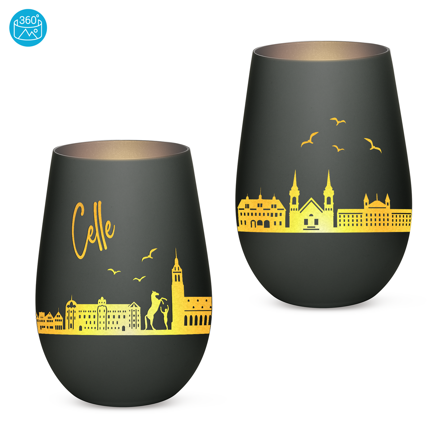 Hochwertiges Glas Windlicht mit Gravur "SKYLINE CELLE" in der Farbe Schwarz/Silber