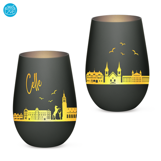 Hochwertiges Glas Windlicht mit Gravur "SKYLINE CELLE" in der Farbe Schwarz/Silber
