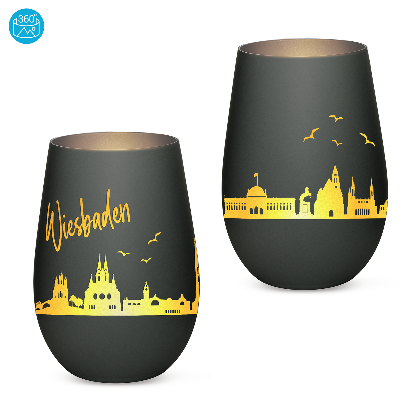 Hochwertiges Glas Windlicht mit Gravur "SKYLINE WIESBADEN" in der Farbe Schwarz/Silber