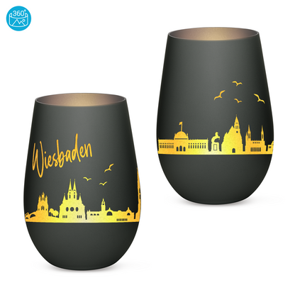Hochwertiges Glas Windlicht mit Gravur "SKYLINE WIESBADEN" in der Farbe Schwarz/Silber