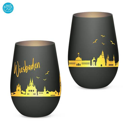 Hochwertiges Glas Windlicht mit Gravur "SKYLINE WIESBADEN" in der Farbe Schwarz/Silber