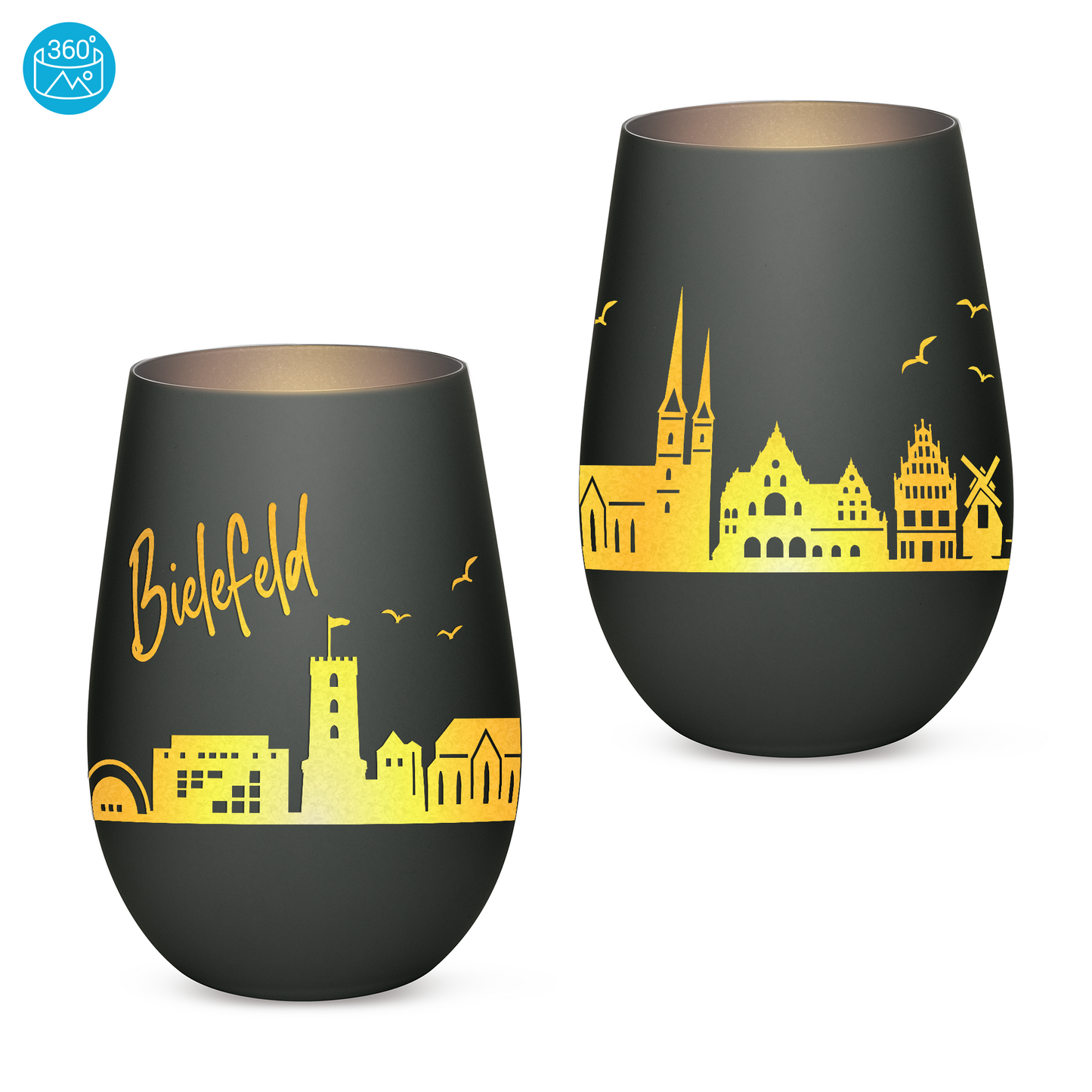Hochwertiges Glas Windlicht mit Gravur "SKYLINE BIELEFELD" in der Farbe Schwarz/Silber