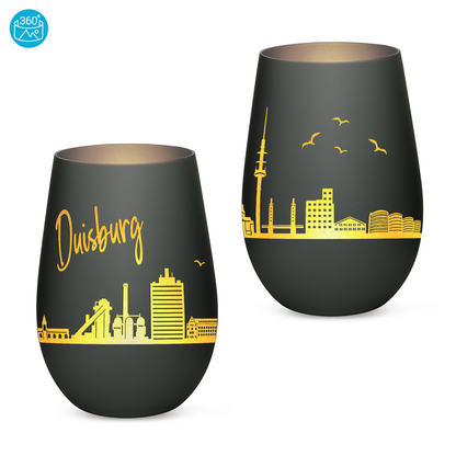 Hochwertiges Glas Windlicht mit Gravur "SKYLINE DUISBURG" in der Farbe Schwarz/Silber