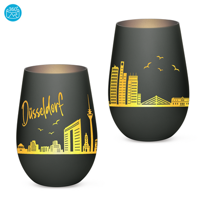 Hochwertiges Glas Windlicht mit Gravur "SKYLINE DÜSSELDORF" in der Farbe Schwarz/Silber