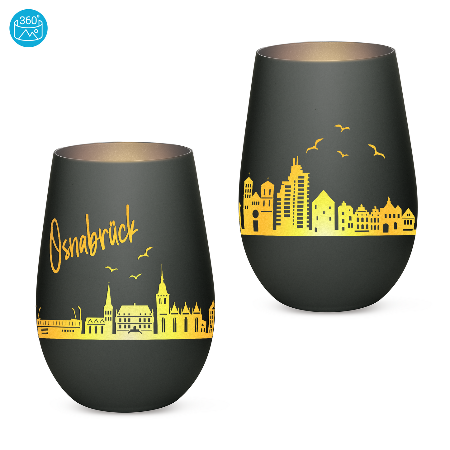 Hochwertiges Glas Windlicht mit Gravur "SKYLINE OSNABRÜCK" in der Farbe Schwarz/Silber