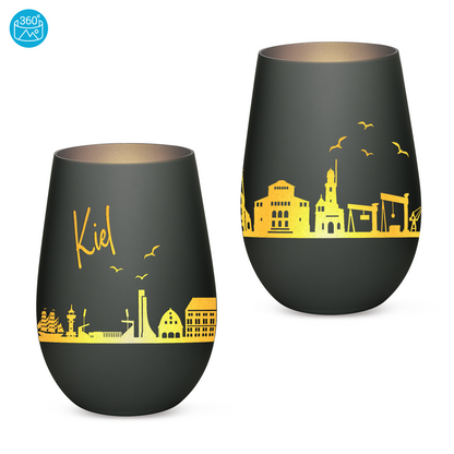 Hochwertiges Glas Windlicht mit Gravur "SKYLINE KIEL" in der Farbe Schwarz/Silber