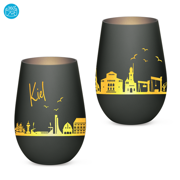 Hochwertiges Glas Windlicht mit Gravur "SKYLINE KIEL" in der Farbe Schwarz/Silber