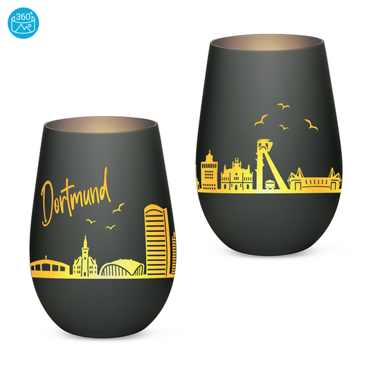 Hochwertiges Glas Windlicht mit Gravur "SKYLINE DORTMUND" in der Farbe Schwarz/Silber