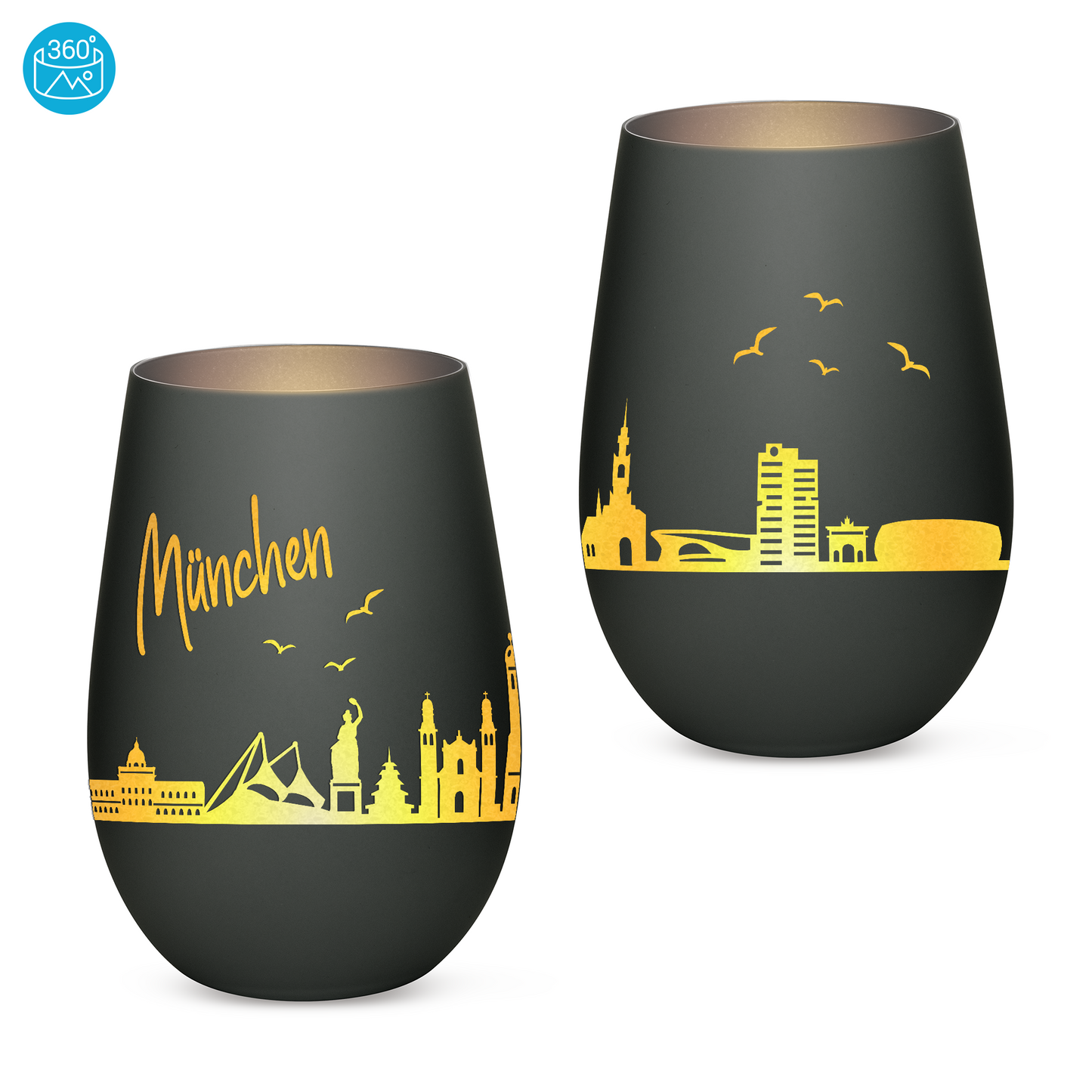 Hochwertiges Glas Windlicht mit Gravur "SKYLINE MÜNCHEN" in der Farbe Schwarz/Silber