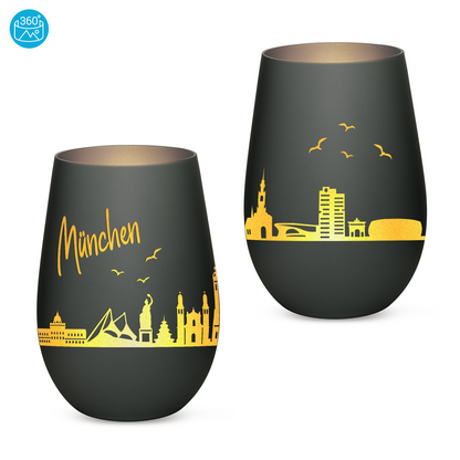 Hochwertiges Glas Windlicht mit Gravur "SKYLINE MÜNCHEN" in der Farbe Schwarz/Silber