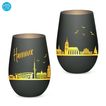 Hochwertiges Glas Windlicht mit Gravur "SKYLINE HANNOVER" in der Farbe Schwarz/Silber